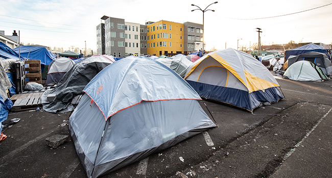 Homeless tent camp in a city owned parking lot in downtown Olympia, Washington, December 7, 2018.