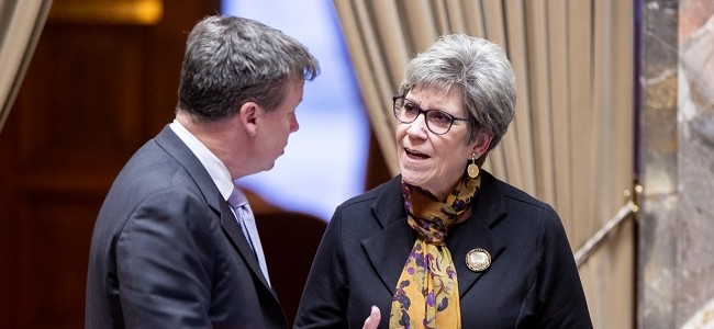 Senators Jeannie Darneille and Mark Mullet have a conversation in the senate chamber in 2020