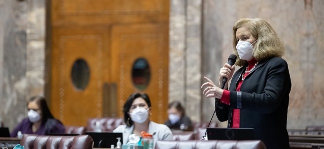 Senator Christine Rolfes speaks during debate in the Senate chamber in olympia